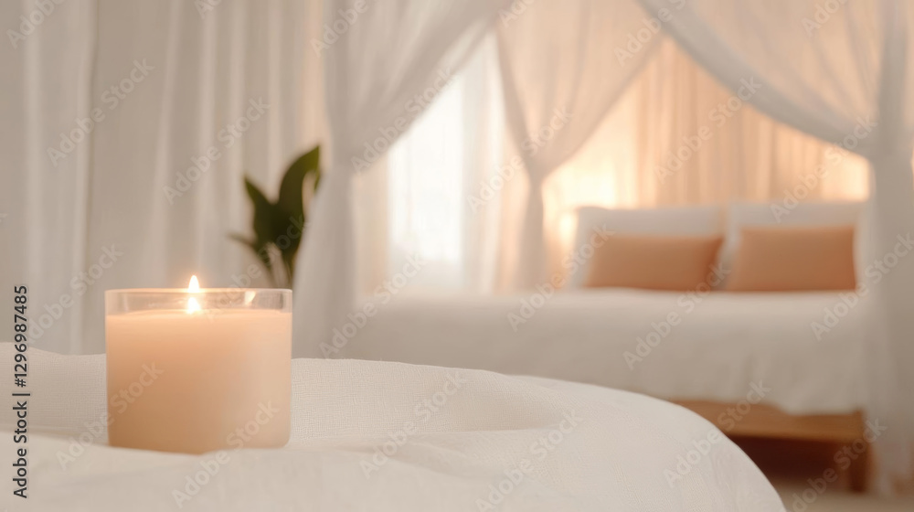 serene candle on soft bed, creating calming atmosphere in cozy room serene candle on soft bed, creating calming atmosphere in cozy room