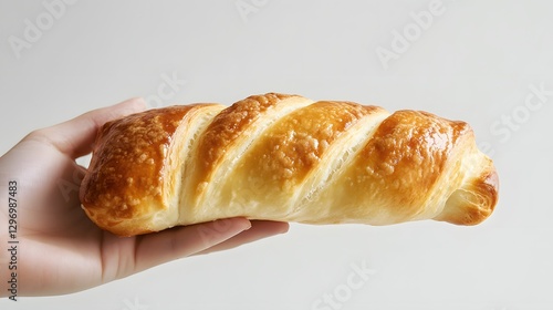 High-resolution photography of a freshly baked Kifli roll, held by hand to show its lightness and delicate texture, against a soft white backdrop photo