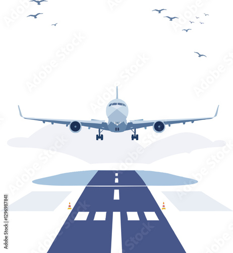 an illustration of a plane taking off from the runway on an airport runway with seaguls and seaguls in the background
