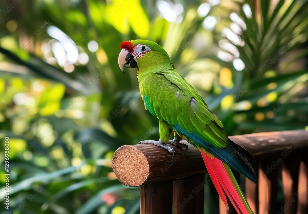 Obraz premium Vibrant Green Parrot Perched on Wooden Rail Surrounded by Lush Tropical Foliage in a Lively Natural Environment