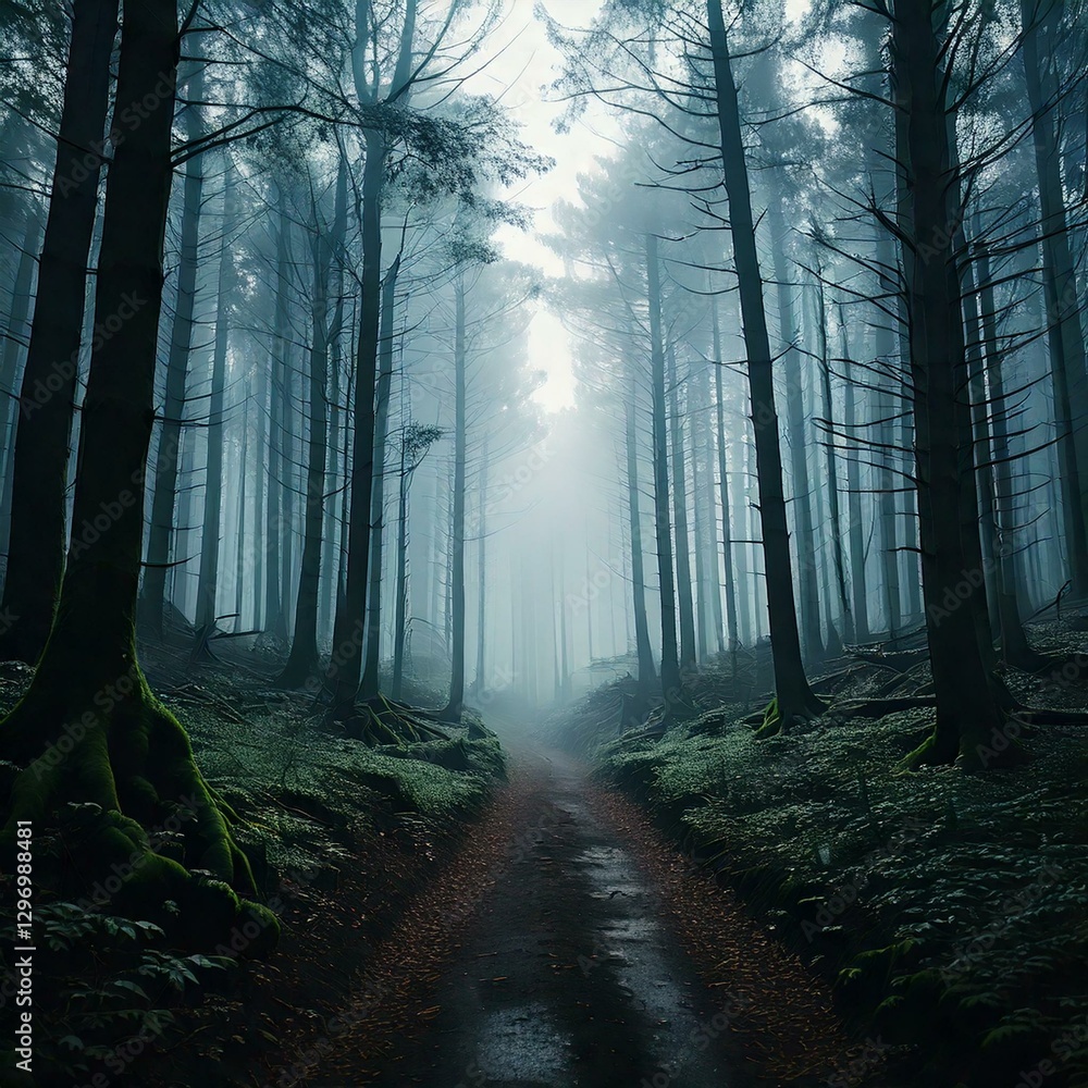 Naklejka premium Sinister Forest at Dawn with an Eerie Mist – Mysterious and Haunting Atmosphere