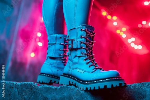 Close-up of a pair of light blue leather boots with thick soles, worn by a person in light blue leggings, set against a blurred pink and red background with bokeh lights photo