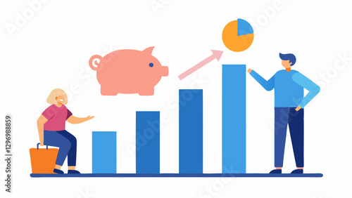 Savings Growth Chart A bar graph showing increasing savings over time with a financial advisor helping a client calculate potential future expenses emphasizing strategic saving for