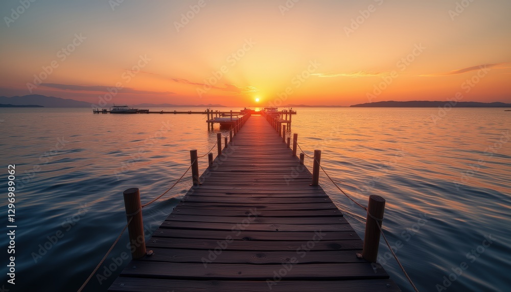 Wooden pier at sunset with the sun setting over the horizon and boats in the distance Wooden pier at sunset with the sun setting over the horizon and boats in the distance