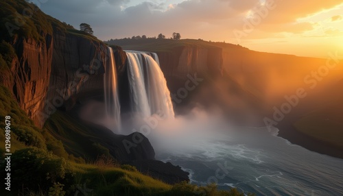 Wallpaper Mural  Breathtaking waterfall in the morning with the sun casting a golden light over the water Torontodigital.ca