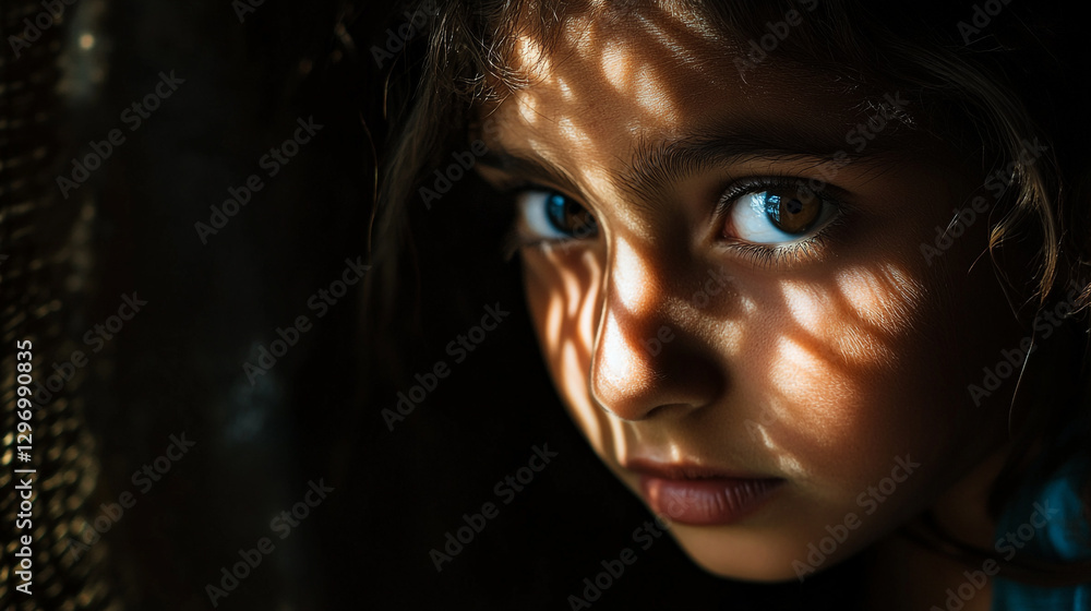Intriguing portrait of a young girl with light patterns on her face kid eyes blue dark look gaze skin Intriguing portrait of a young girl with light patterns on her face kid eyes blue dark look gaze skin