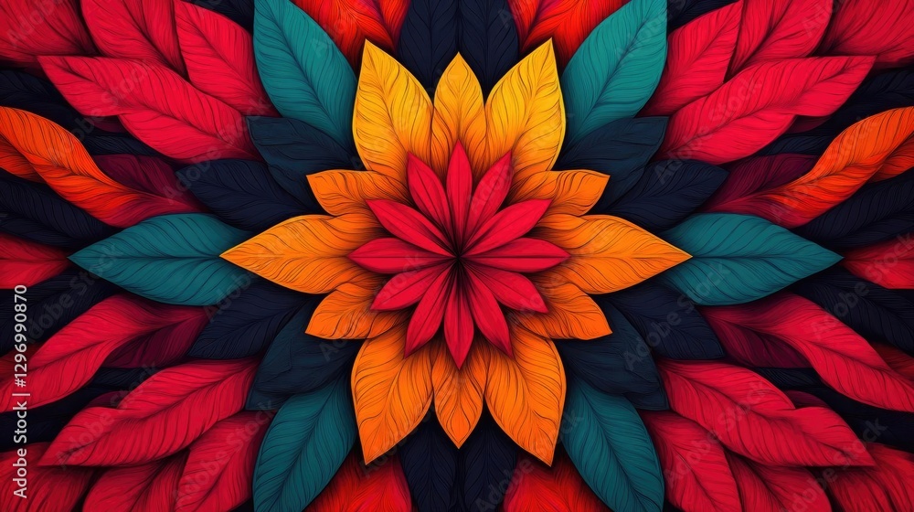 custom made wallpaper toronto digitalVibrant Floral Mandala: Leaves Design, Colorful Pattern, Abstract Art, Intricate Details, Bold Hues, Symmetrical Composition, Artistic Expression, Digital Creation, Nature-Inspired, Geometric Shapes