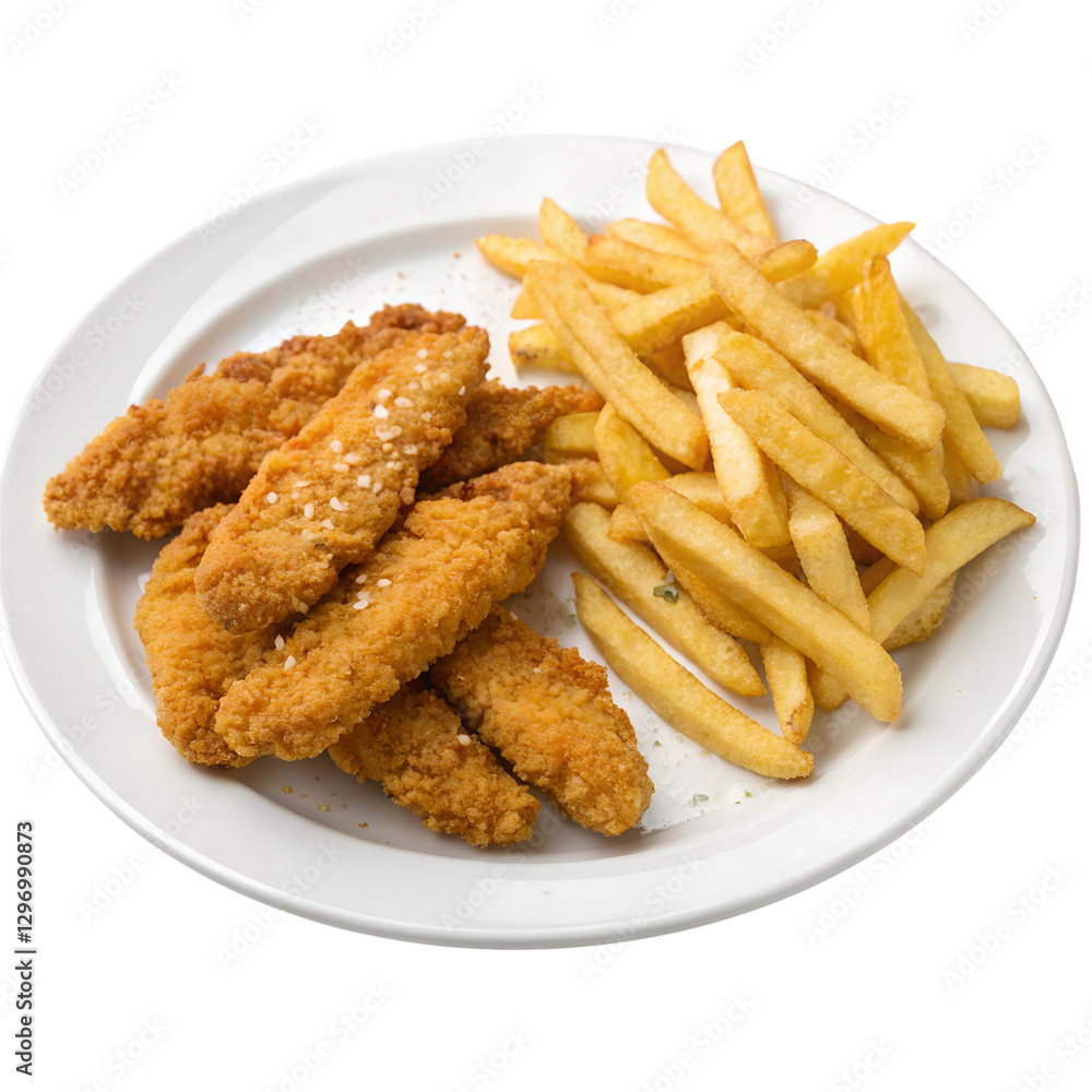 top view Crispy chicken strips with French fries in a white plate Isolated Trasnparent Background, Png Isolated, Trasnparent Background top view Crispy chicken strips with French fries in a white plate Isolated Trasnparent Background, Png Isolated, Trasnparent Background