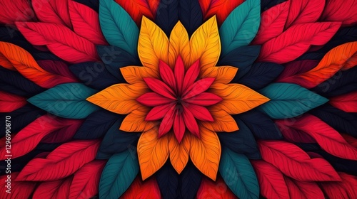 Wallpaper Mural Vibrant Floral Mandala: Leaves Design, Colorful Pattern, Abstract Art, Intricate Details, Bold Hues, Symmetrical Composition, Artistic Expression, Digital Creation, Nature-Inspired, Geometric Shapes Torontodigital.ca