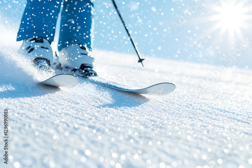 Skiing on a sunny, snowy day. The skier is going downhill on fresh powder with ski poles. The sun shines brightly in a blue sky. Close up shot of skis gliding.