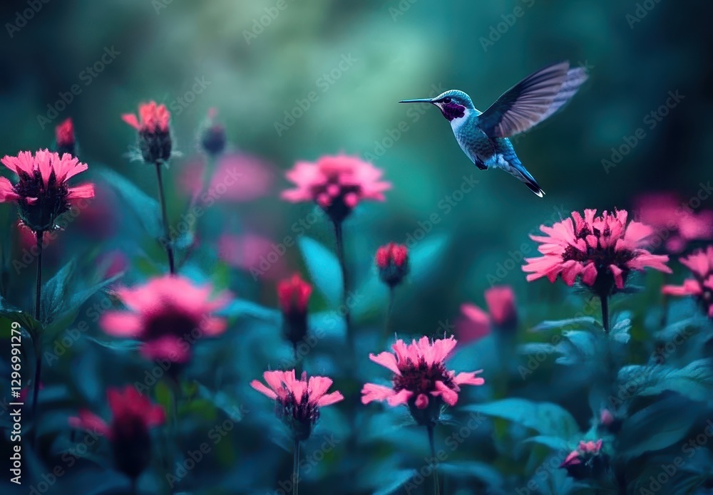 Naklejka premium Vibrant Hummingbird in Flight Amidst Colorful Flowers in a Dreamy Garden Setting, Captured in Soft Focus with Romantic Lighting and Lush Greenery