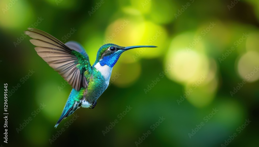 Fototapeta premium Vibrant Hummingbird in Flight Captured Amidst Lush Greenery and Soft Bokeh Effect Showcasing Nature's Beauty and Delicate Features of Avian Life