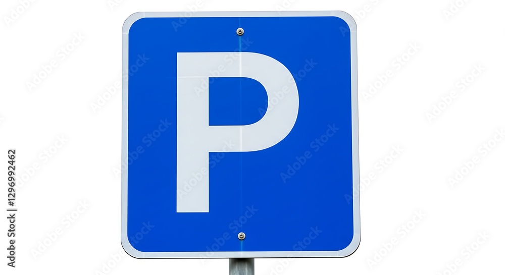 A blue parking sign with a bold white 'P', centered on a plain white background A blue parking sign with a bold white 'P', centered on a plain white background