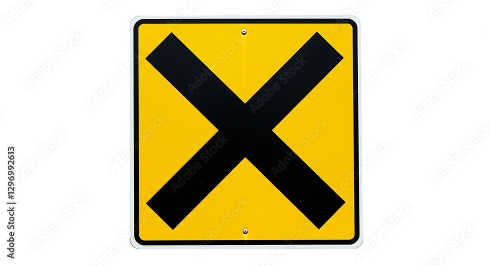 A railroad crossing sign in black and yellow, featuring an 'X' symbol, isolated on a white background A railroad crossing sign in black and yellow, featuring an 'X' symbol, isolated on a white background