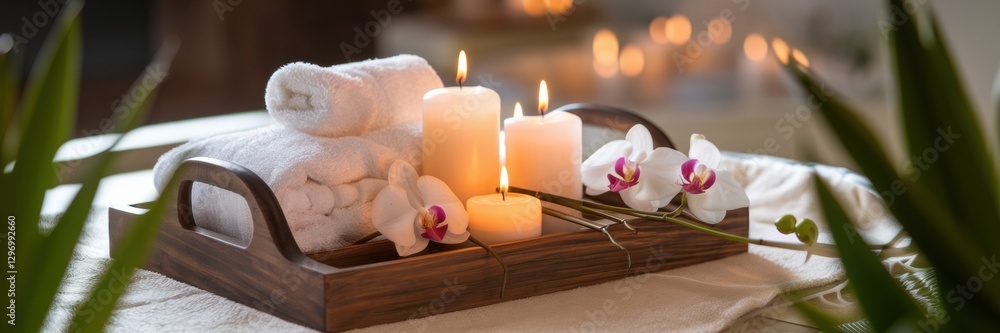 A wooden tray with candles, folded towels and delicate orchids. The background is slightly blurred. A banner with space for the text. A wooden tray with candles, folded towels and delicate orchids. The background is slightly blurred. A banner with space for the text.