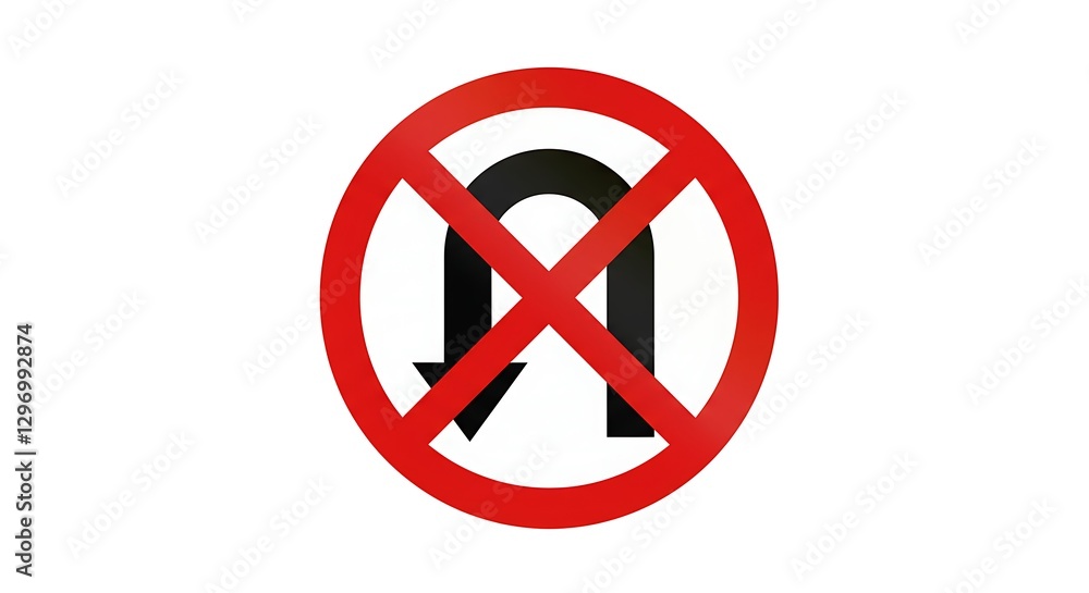A no U-turn sign with a red circle and a crossed-out black U-turn arrow, placed on a white background A no U-turn sign with a red circle and a crossed-out black U-turn arrow, placed on a white background