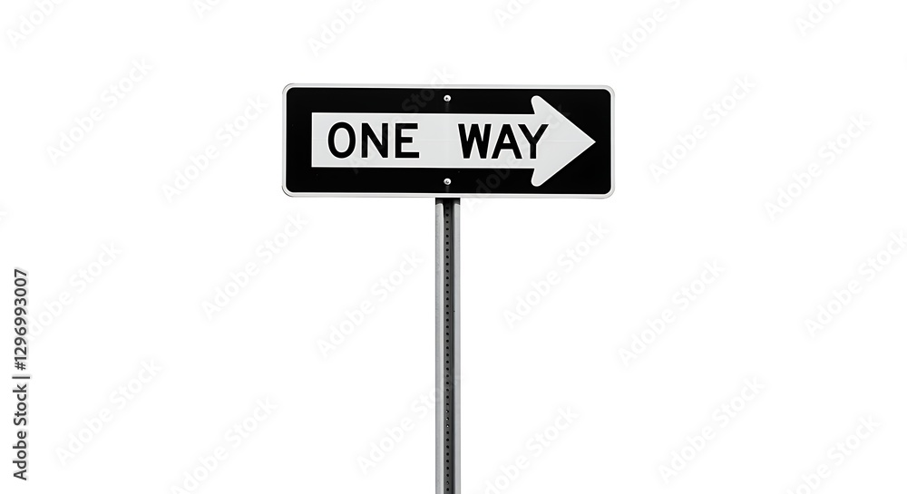 A black and white one-way street sign with a right-pointing arrow, isolated on a white background A black and white one-way street sign with a right-pointing arrow, isolated on a white background