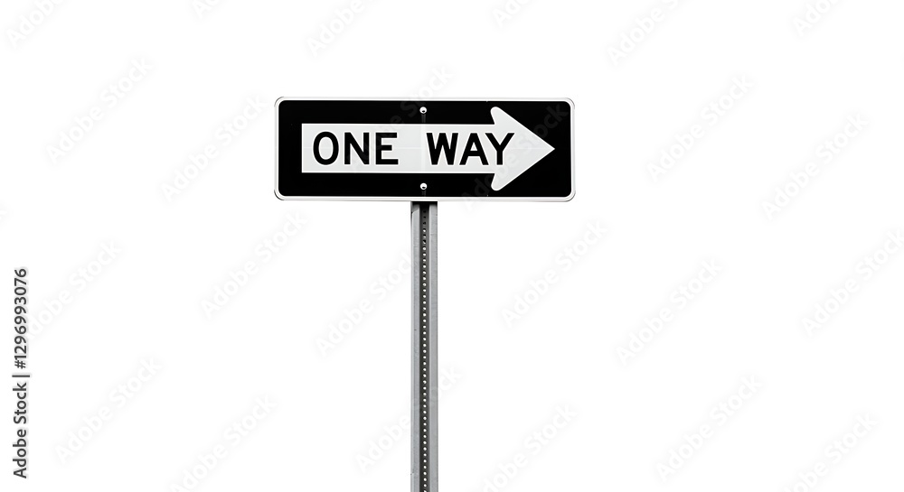 A black and white one-way street sign with a right-pointing arrow, isolated on a white background A black and white one-way street sign with a right-pointing arrow, isolated on a white background