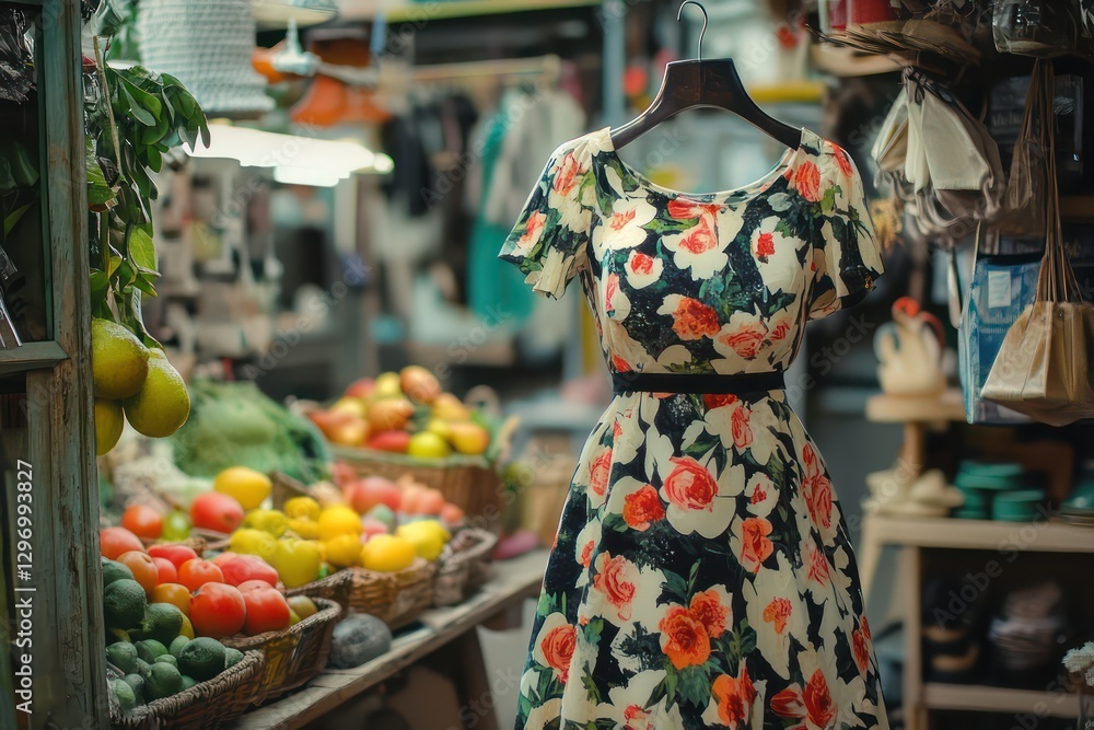 Obraz premium A floral dress hangs displayed near a fruit and vegetable stand