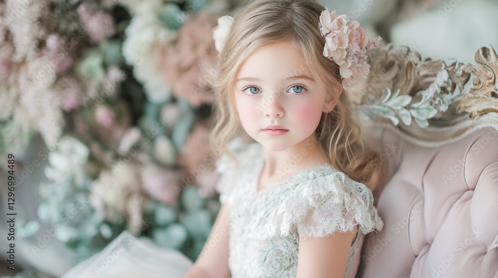 Adorable little girl in elegant lace dress posing pretty in pastel floral setting kid cute baby child Adorable little girl in elegant lace dress posing pretty in pastel floral setting kid cute baby child