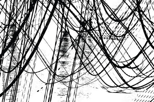 Abstract mental crazy overlay background. Lunatic ink scribble textures as card. Deranged black and white hand drawn illustrations print. Unhinged abstract light trails painting. Vector.