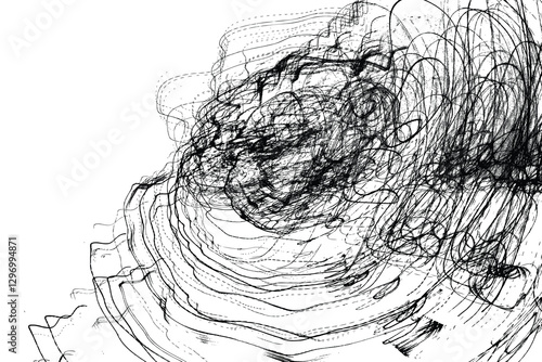 Abstract mental crazy overlay background. Lunatic ink scribble textures as card. Deranged black and white hand drawn illustrations print. Unhinged abstract light trails painting. Vector.