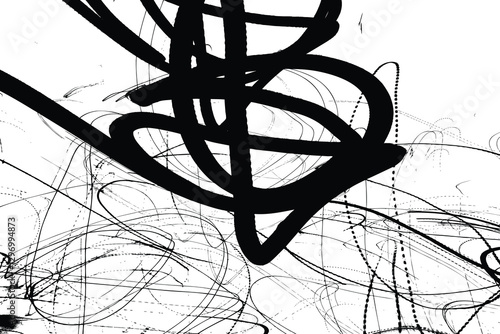 Abstract mental crazy overlay background. Lunatic ink scribble textures as card. Deranged black and white hand drawn illustrations print. Unhinged abstract light trails painting. Vector.