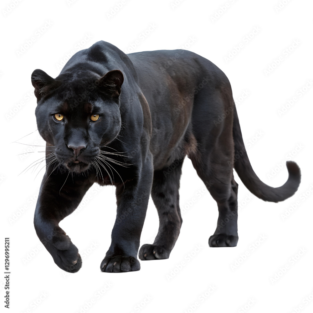 Fototapeta premium Black panther walking towards Isolated Trasnparent Background, Png Isolated, Trasnparent Background