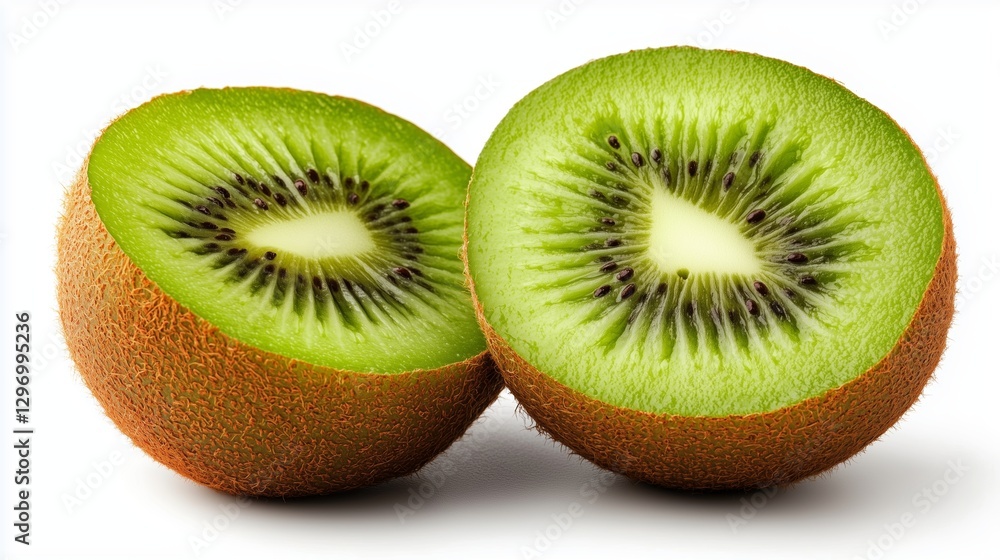 Vibrant Kiwi Slices: Two halves of a fresh kiwi, showcasing the fruit's vibrant green flesh and unique texture, perfect for conveying health, nutrition, and a refreshing culinary experience. Vibrant Kiwi Slices: Two halves of a fresh kiwi, showcasing the fruit's vibrant green flesh and unique texture, perfect for conveying health, nutrition, and a refreshing culinary experience.