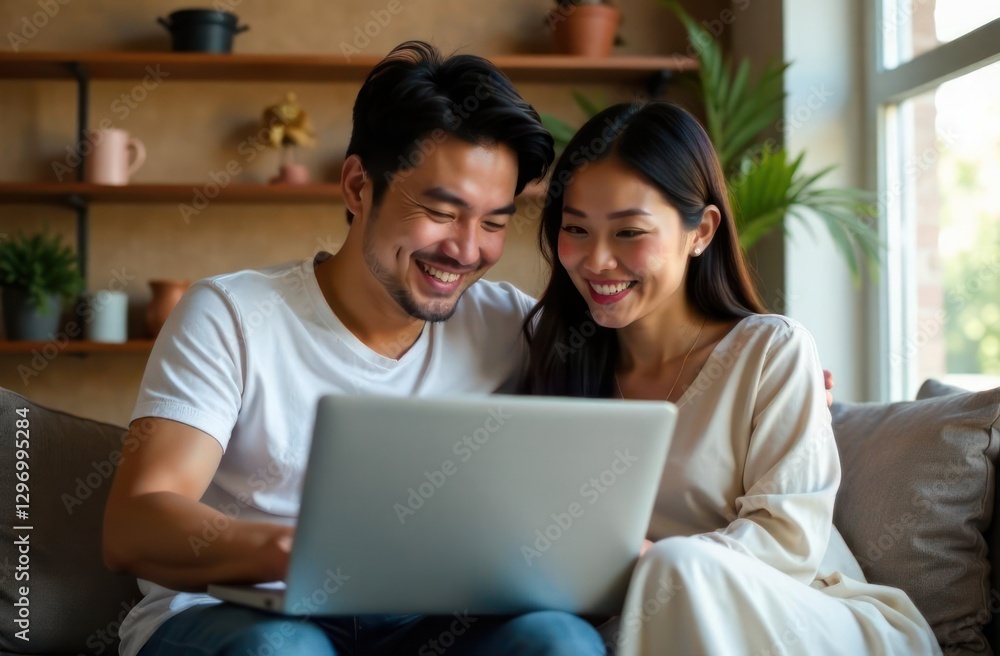 young asian couple sitting on sofa happily using laptop in bright living room. cozy home with plants and shelves. technology, relaxation, online shopping, remote work. sales and discounts young asian couple sitting on sofa happily using laptop in bright living room. cozy home with plants and shelves. technology, relaxation, online shopping, remote work. sales and discounts
