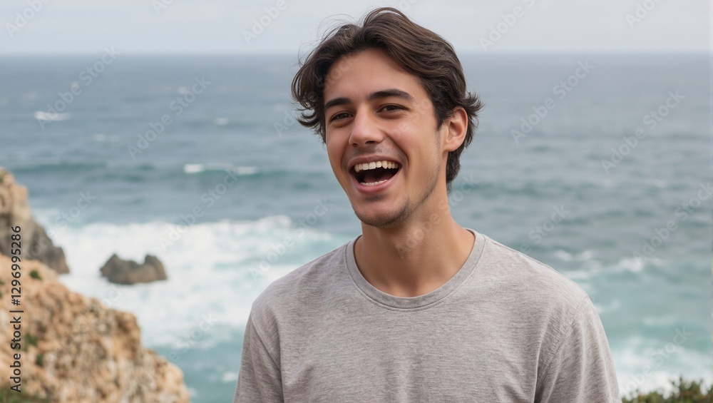 A joyful young man with Mediterranean features stands on a cliff by the ocean smiling as waves crash below A joyful young man with Mediterranean features stands on a cliff by the ocean smiling as waves crash below