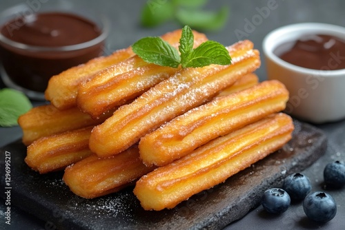 Delicious churros with sugar and chocolate, tempting spanish treat
