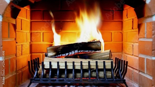 Rustic Brick Fireplace with Burning Wood: Inviting Home Decor