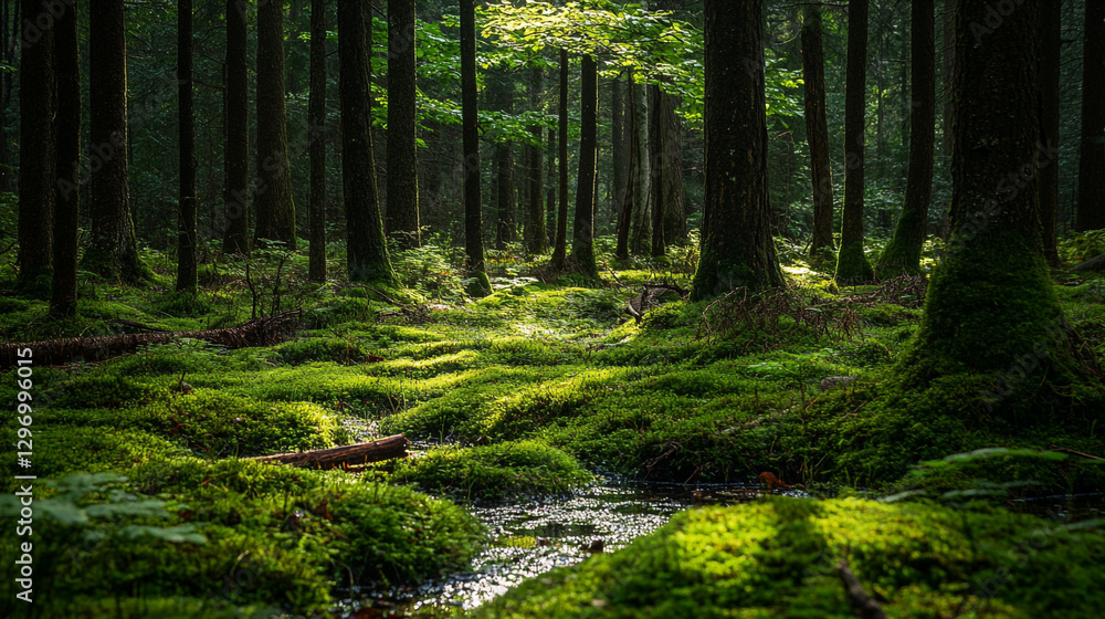Fototapeta premium Sunlit green mossy forest path tranquil nature scene lush greenery sunlight beams dark trees image