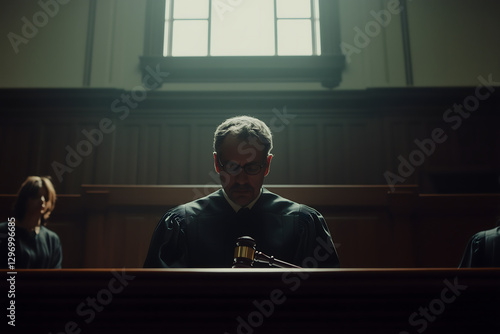 Justice in Session: A judge presides over a courtroom, embodying the solemnity of the judicial system. the judge in session gavel justice, law, court, courtroom, judge, judicial, legal, gavel. photo