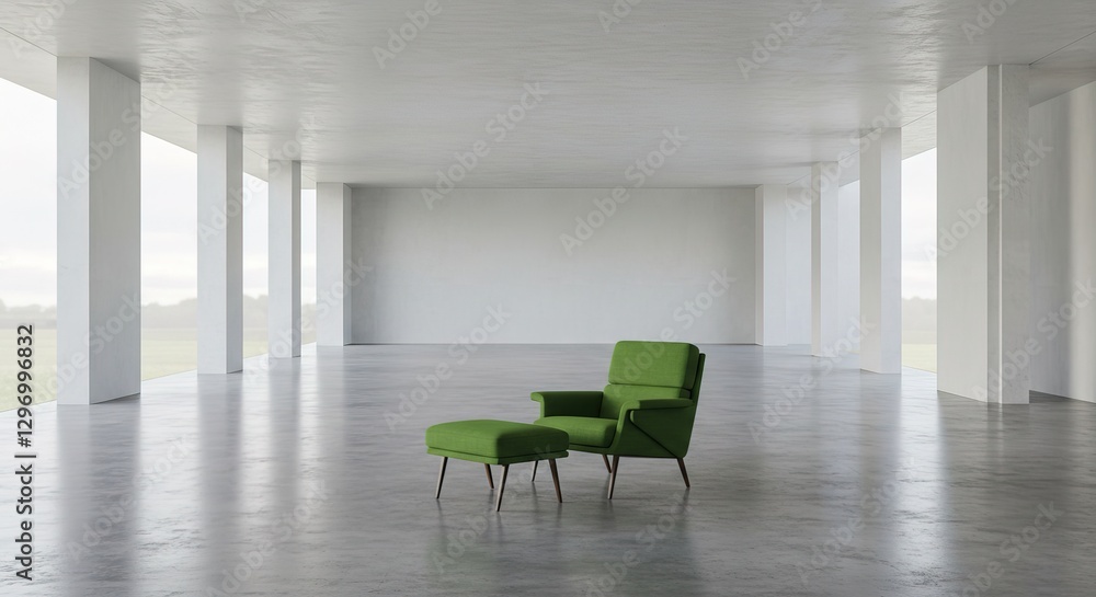Fototapeta premium A solitary green armchair and ottoman sit in a spacious, minimalist white room with tall columns and large windows offering a blurred view of a green landscape.