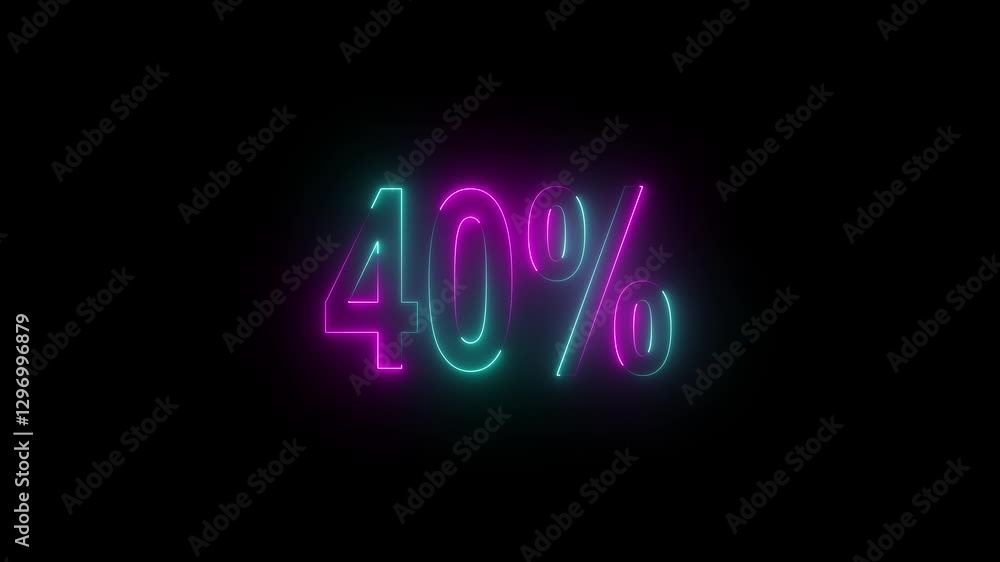 Neon glowing 40 percent sign on black background. Abstract 40% percent text neon animation. Neon glowing 40 percent sign on black background. Abstract 40% percent text neon animation.