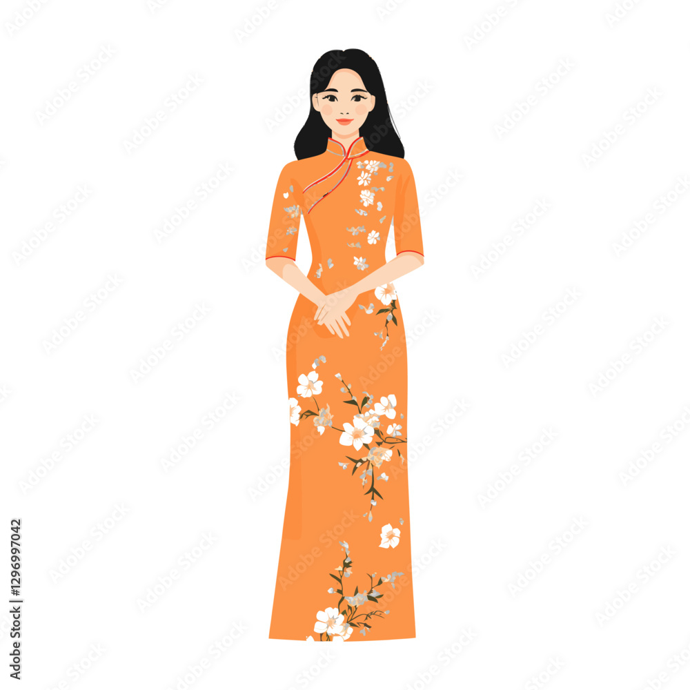 A Woman Wearing An Orange Dress With Floral Patterns Is Standing A Woman Wearing An Orange Dress With Floral Patterns Is Standing