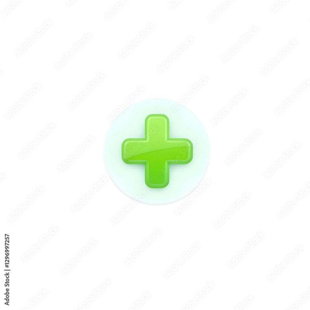Fototapeta premium 3d glowing green plus sign inside a circular button with a smooth surface, representing positive actions, medical additions, and user interface enhancements in digital applications