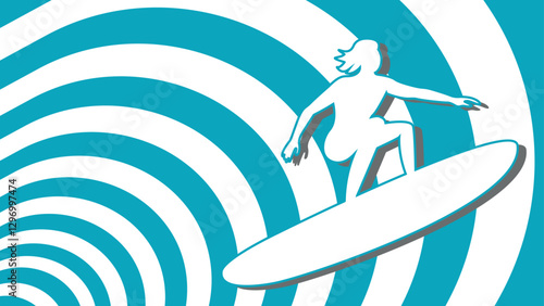 A surfing the wave banner. A silhouette of a man on a surfing board. A blue and white surfing illustration. A surf frame with copy space. Summer banner with blue waves.