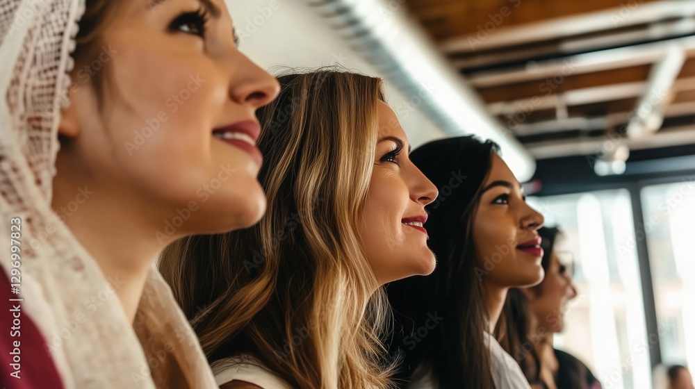 Three women are smiling at the camera. They are all wearing different colored clothing. One woman is wearing a white scarf. AI generated Three women are smiling at the camera. They are all wearing different colored clothing. One woman is wearing a white scarf. AI generated