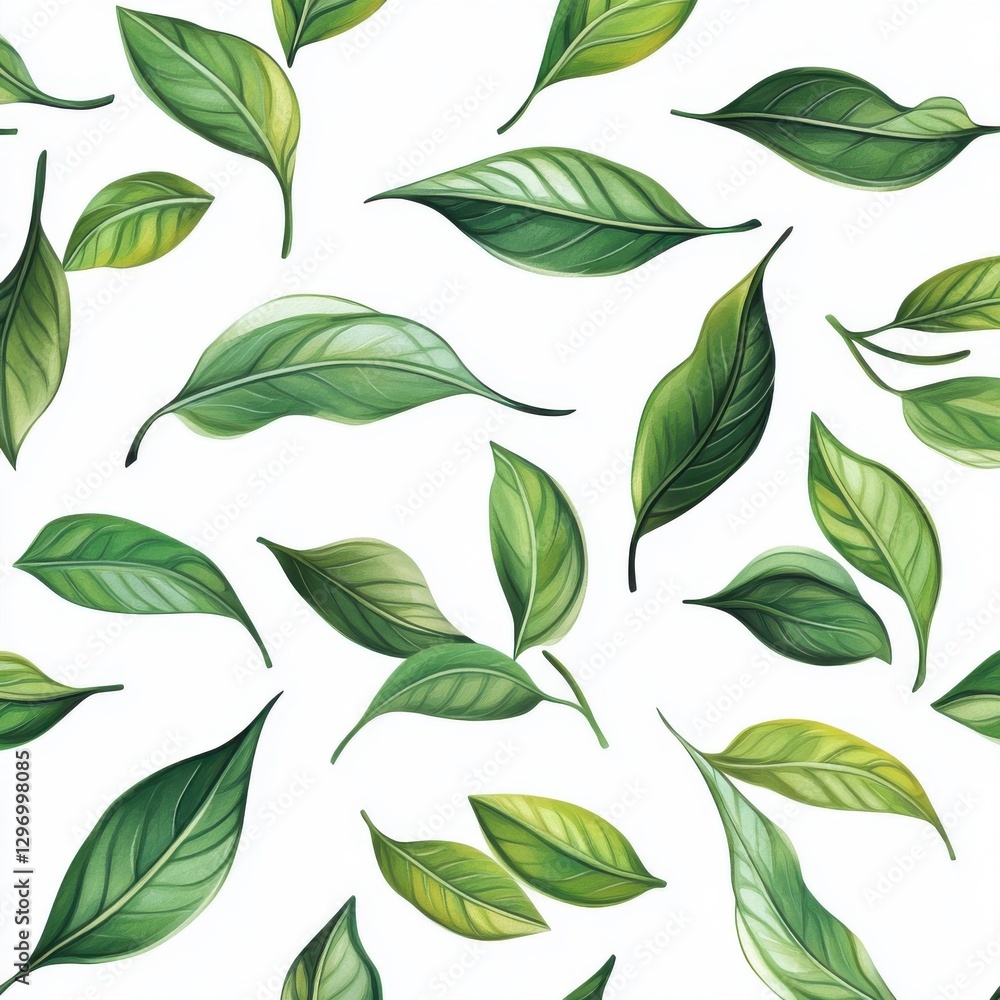 Vibrant green leaves scatter across a clean white background, creating a fresh and natural design element. Vibrant green leaves scatter across a clean white background, creating a fresh and natural design element.
