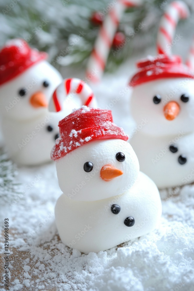 Marshmallow Snowmen. Christmas Decorated Candy Cane Dessert on Festive Background Marshmallow Snowmen. Christmas Decorated Candy Cane Dessert on Festive Background