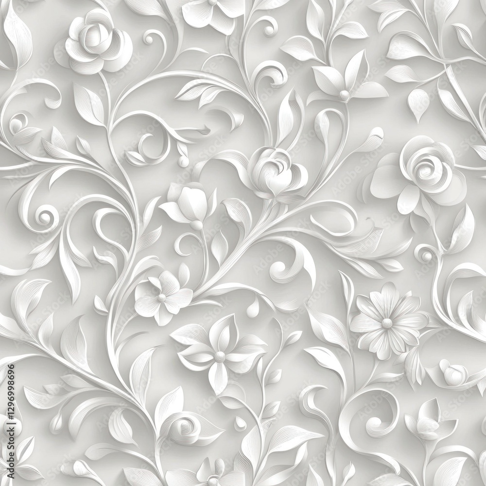 White floral 3D pattern seamless background. Possible use wallpaper, fabric, packaging design