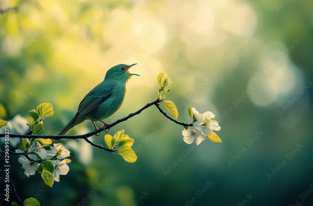 Vibrant Singing Bird Perched on a Flowering Branch in Soft Natural Light Surrounded by Lush Green Background and Delicate Petals in Springtime Vibrant Singing Bird Perched on a Flowering Branch in Soft Natural Light Surrounded by Lush Green Background and Delicate Petals in Springtime