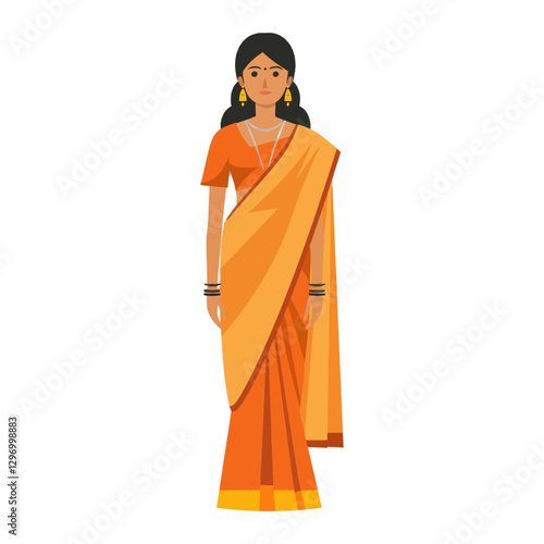 A Woman Wears A Traditional Orange Sari With Jewelry Standing