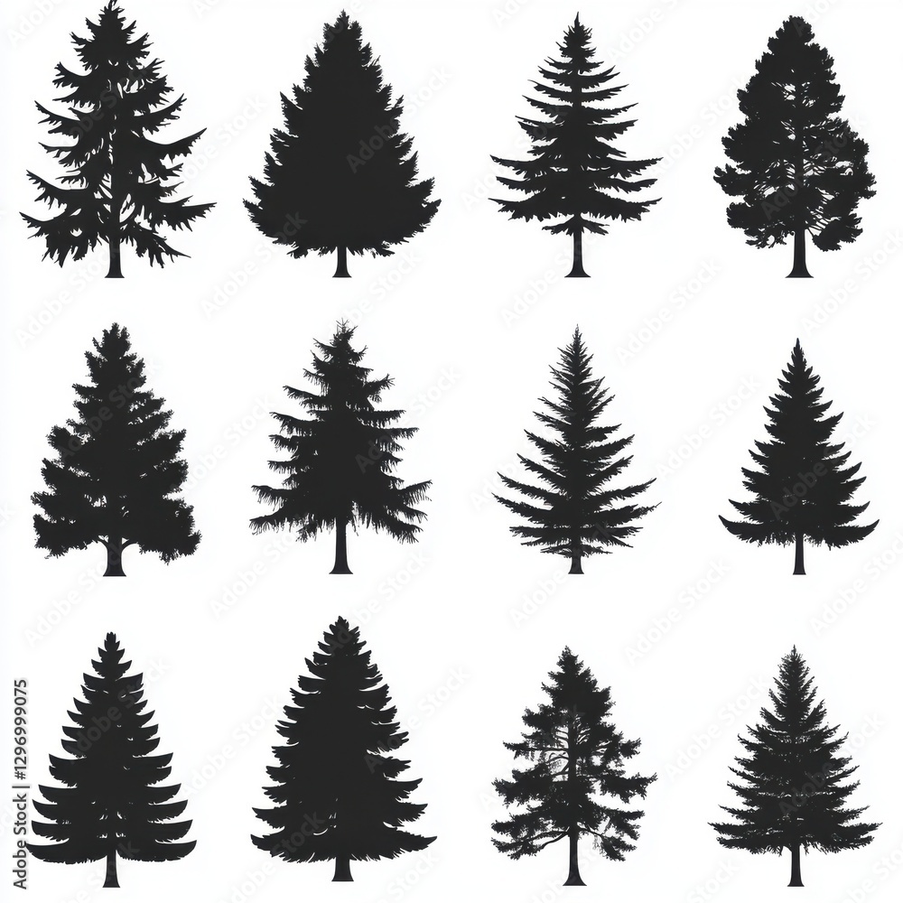 A collection of twelve different silhouettes of evergreen trees in various sizes and shapes. A collection of twelve different silhouettes of evergreen trees in various sizes and shapes.
