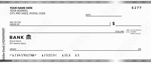 Blank bank check, checkbook cheque template with blue guilloche, vector mockup. Money payment bank check voucher or pay cash cheque certificate, account bill paycheck	