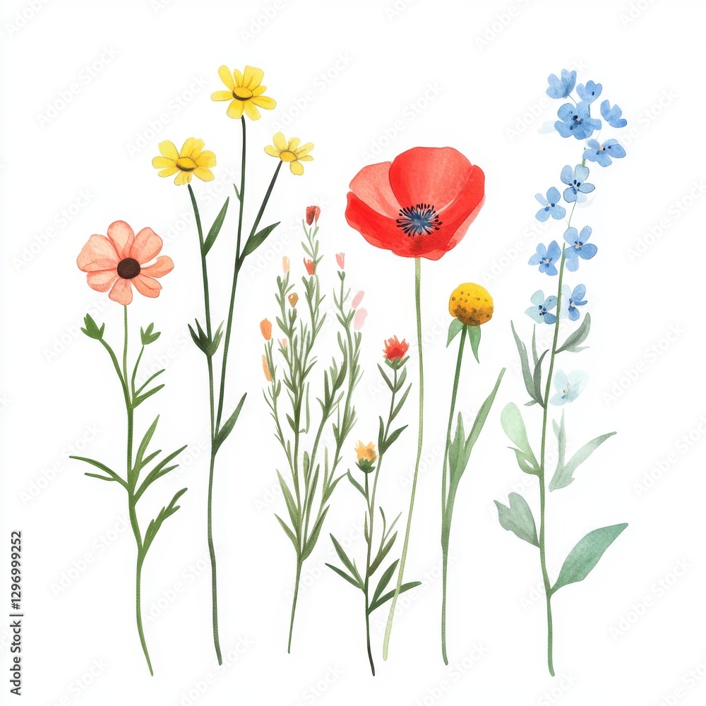 Fototapeta premium A vibrant array of colorful wildflowers in various shapes and sizes against a white background.
