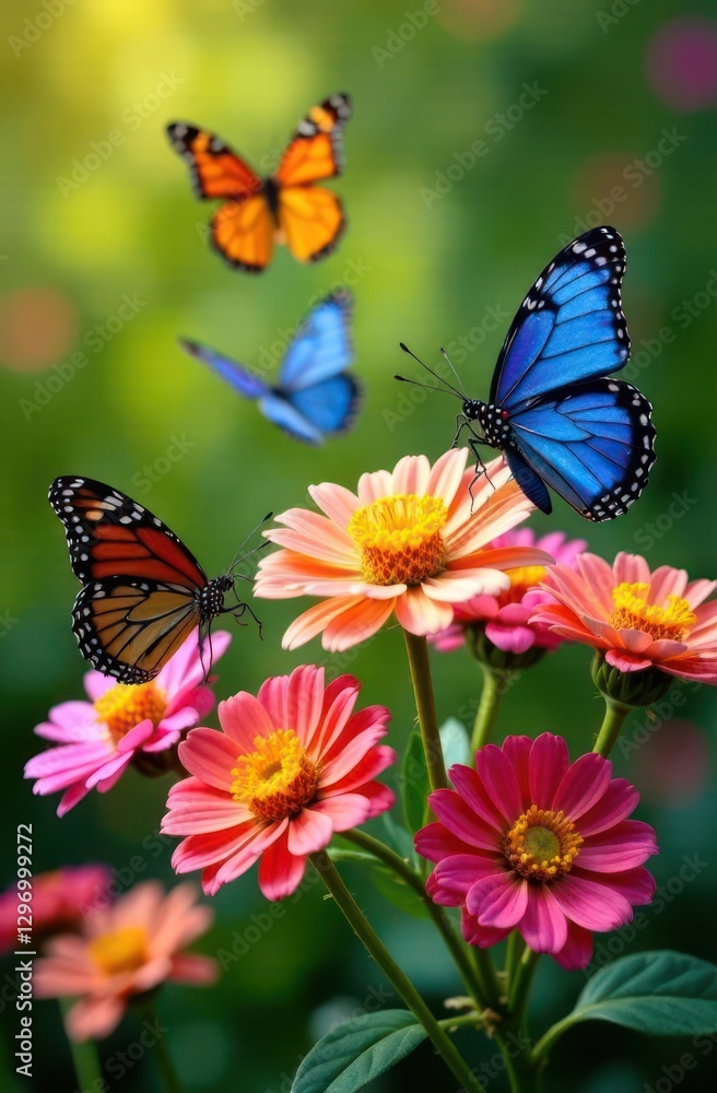 vibrant butterflies fluttering around colorful flowers in lush garden. spring awakening and nature's beauty. nature-themed design, spring greeting card, poster. vibrant butterflies fluttering around colorful flowers in lush garden. spring awakening and nature's beauty. nature-themed design, spring greeting card, poster.